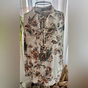 Chico's top long sleeve floral print lace up neck